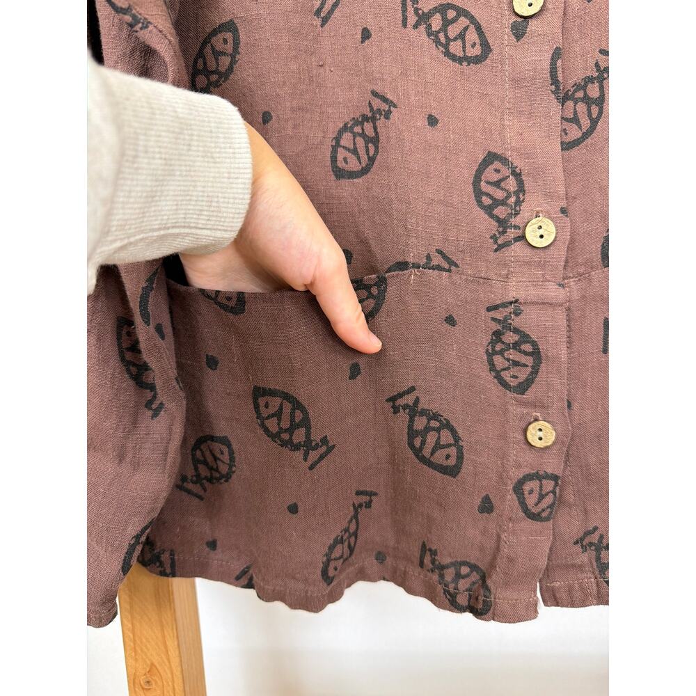 Vintage NWT Timbuktu Station Brown Fish Pattern Linen Button Up Top Size XL - Picture 5 of 8